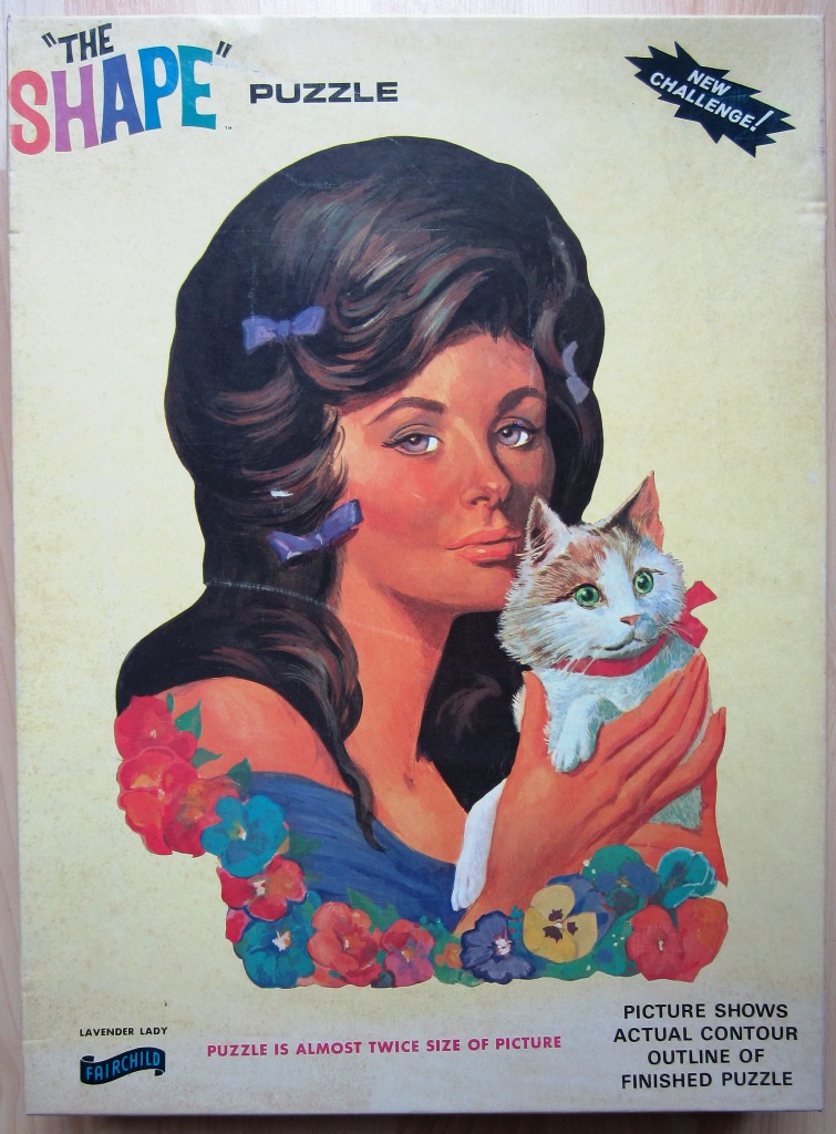 Vintage-style illustration of a woman with dark hair holding a small calico cat, surrounded by colorful flowers.