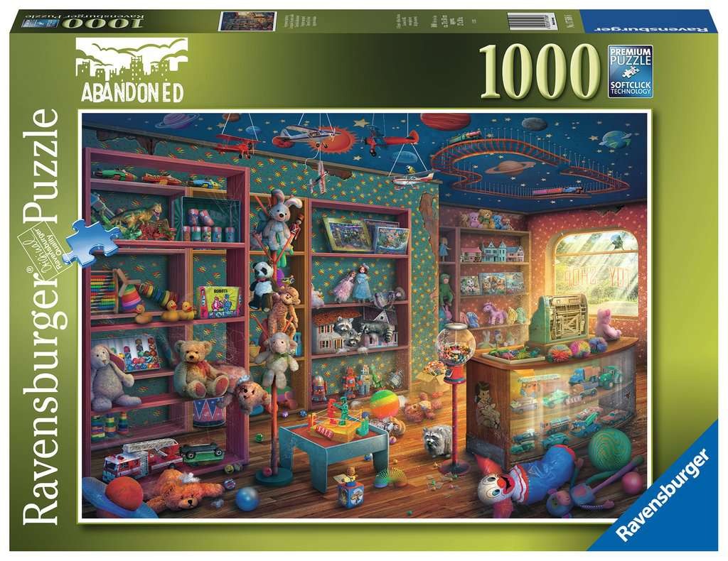 An abandoned toy store filled with vintage toys, shelves, and a starry night themed ceiling.