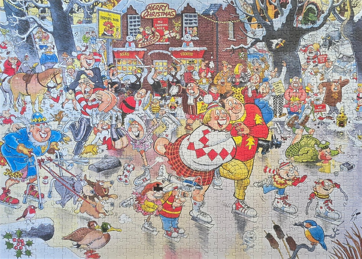 A humorous, densely packed cartoon illustration of a lively winter scene in front of a festive pub.