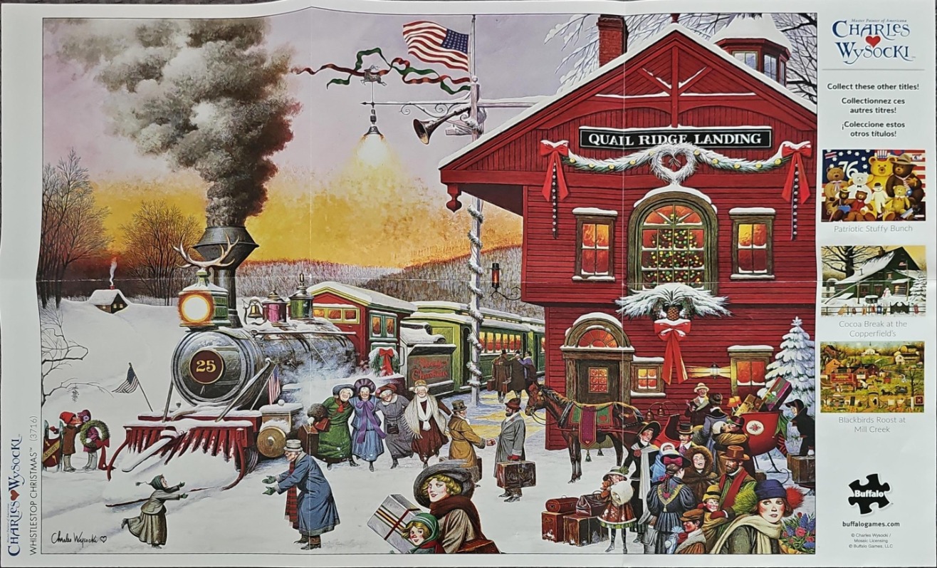 A nostalgic holiday scene featuring a steam train arriving at a red station depot in a snowy landscape.