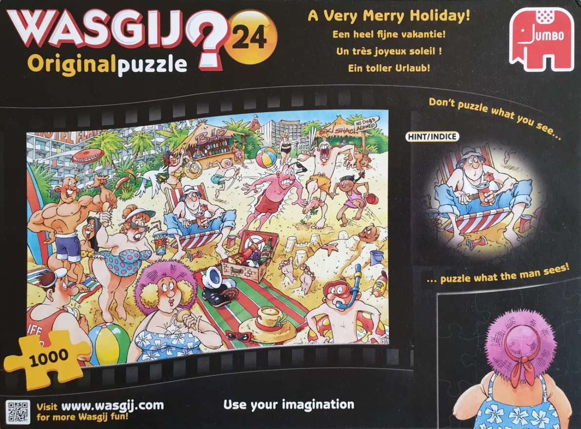 A comedic cartoon illustration of a busy, chaotic beach scene with exaggerated characters.