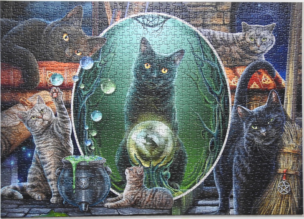 A whimsical illustration of several black and tabby cats in a magical, mystical setting with a cauldron and crystal ball.