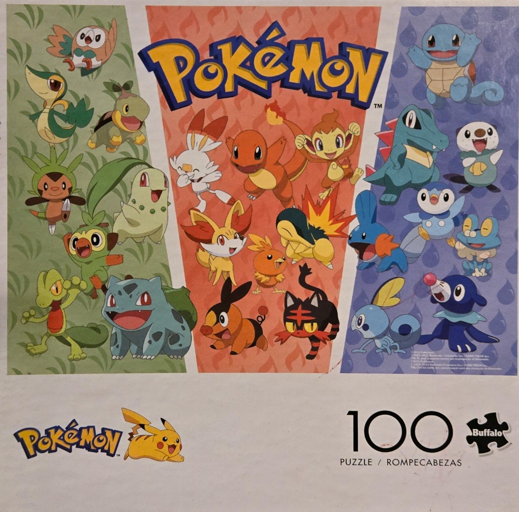 A montage of various Pokemon characters arranged by elemental types on a colorful background.