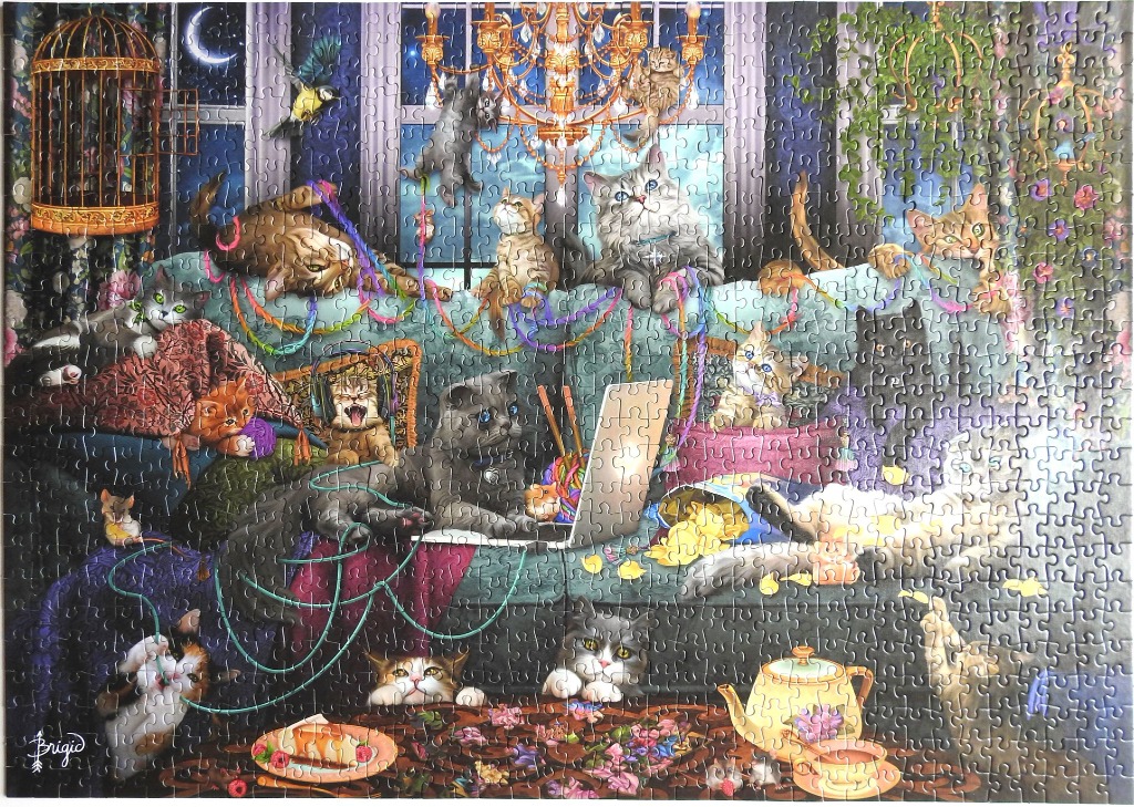 A whimsical illustration of many cats playing in a cozy, candlelit living room at night.