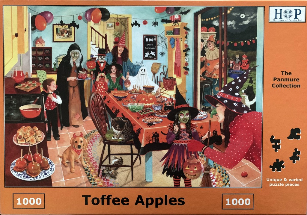 A whimsical illustration of a family Halloween party set in a cozy, decorated kitchen.