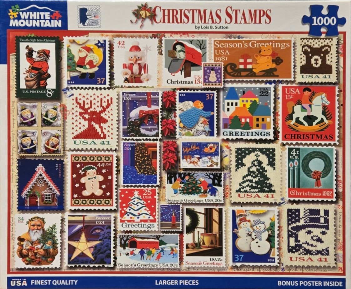 A collage of various vintage-style Christmas stamps depicting holiday scenes, characters, and festive patterns.