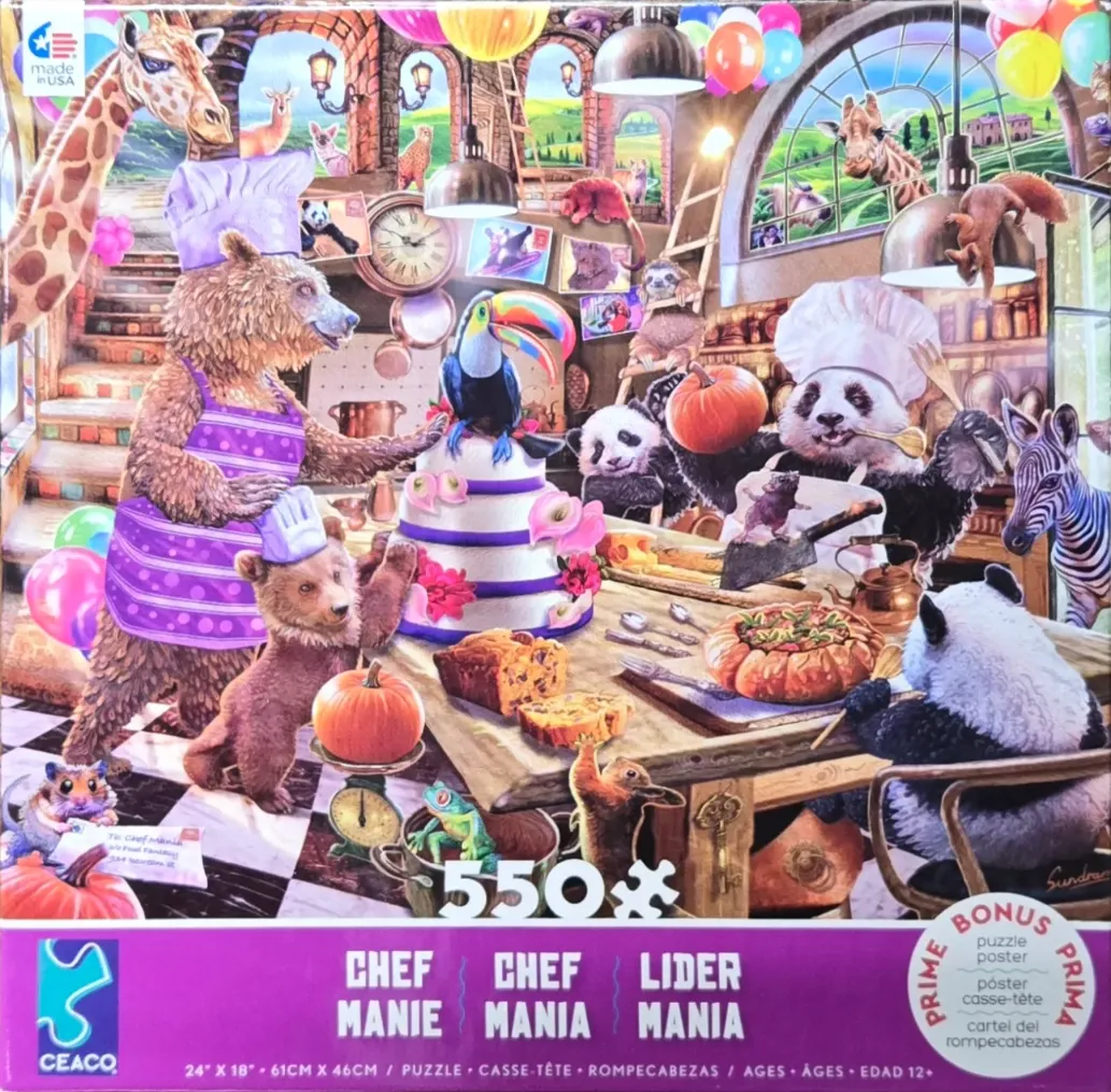 A whimsical digital illustration of a kitchen filled with various animals preparing a banquet.