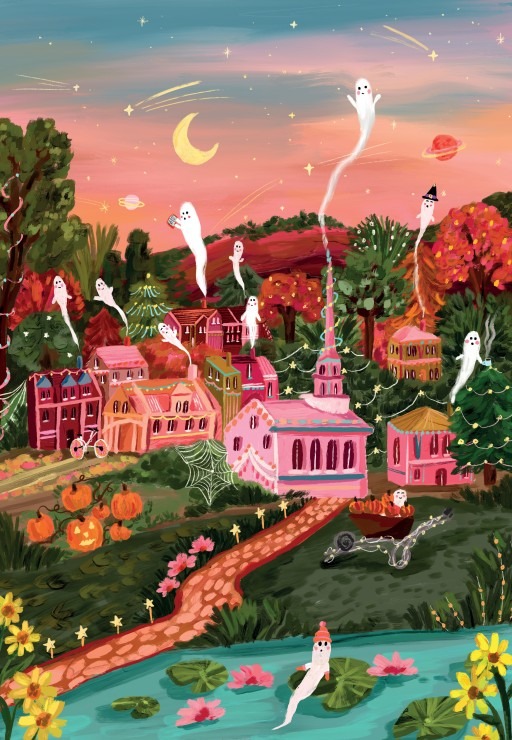 A whimsical autumn scene featuring a pink village, floating ghosts, and a sunset sky.
