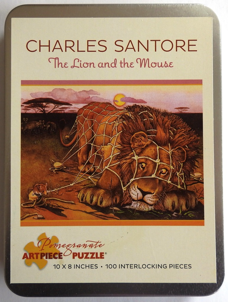 Illustration of a lion trapped in a net with a mouse nearby on an African savanna at sunset.