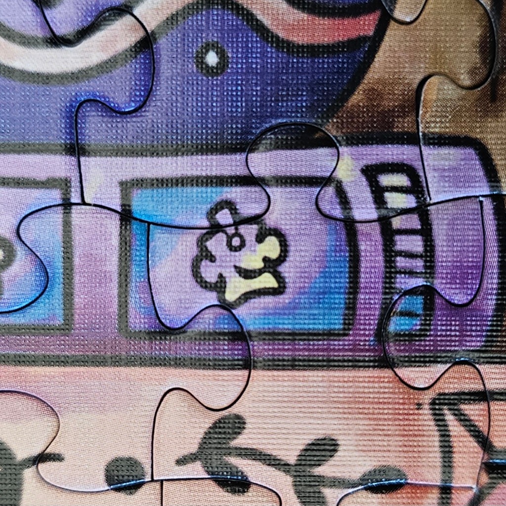 Whimsical cartoon character in purple, blue, and pink abstract background.