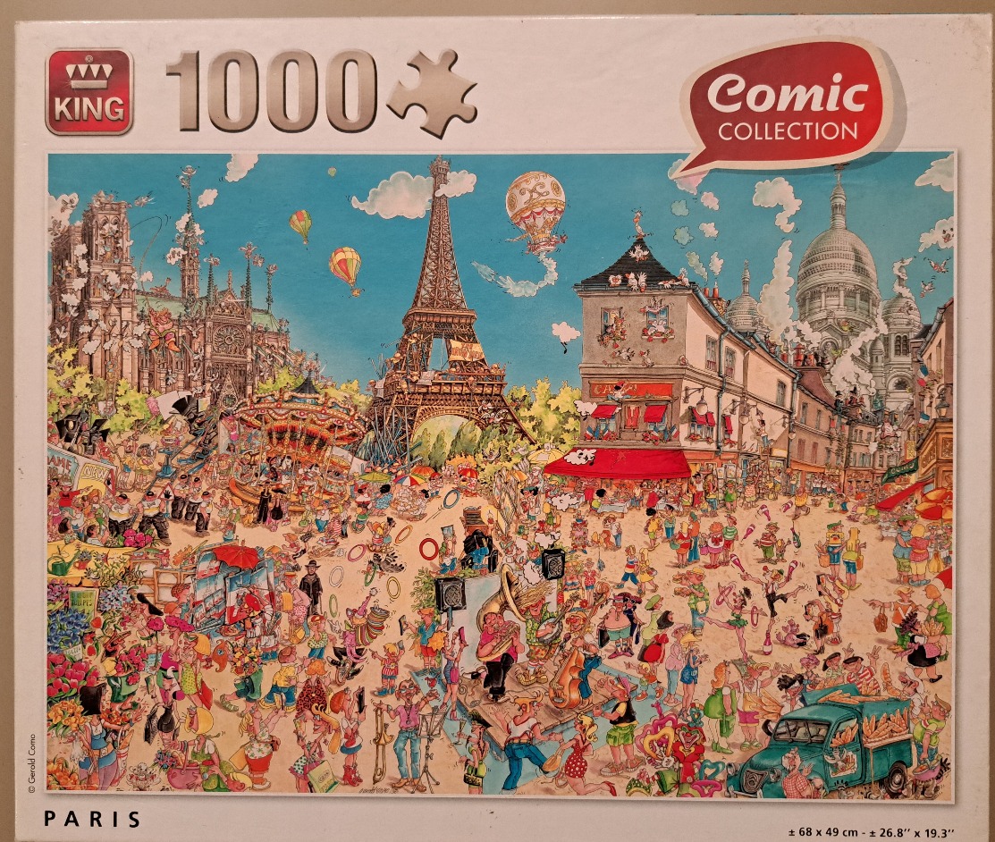 A busy cartoon illustration of a bustling Paris scene featuring the Eiffel Tower, carousel, and various street performers.