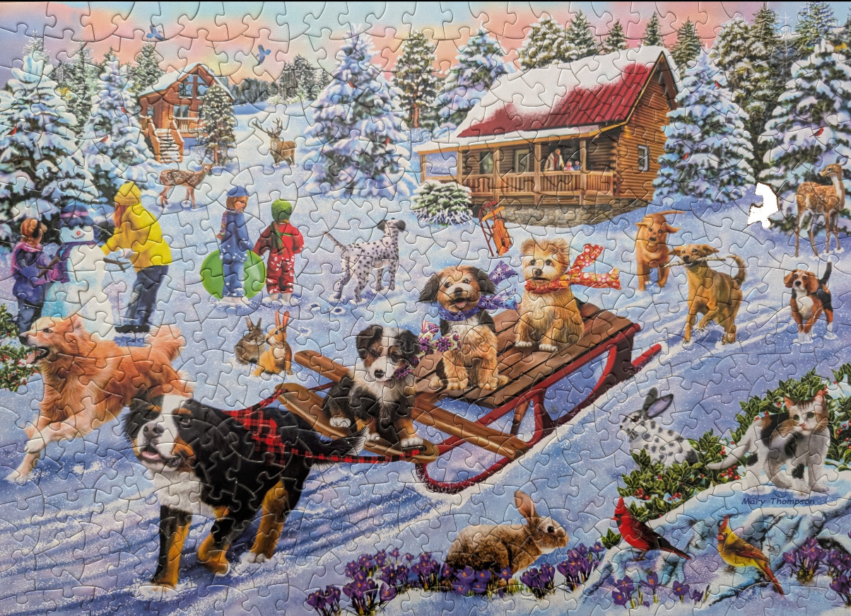 A whimsical winter scene with dogs pulling a sled in front of log cabins in a snowy forest.