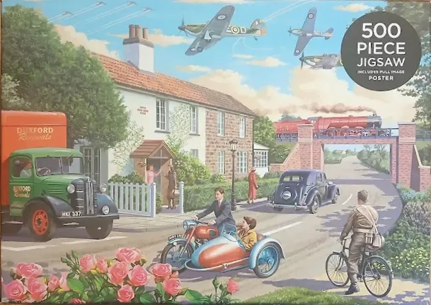 A nostalgic 1940s-style painting of a British village scene with vintage vehicles, a steam train, and RAF aircraft.