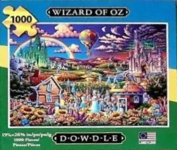 A whimsical illustration of the Wizard of Oz characters in front of the Emerald City