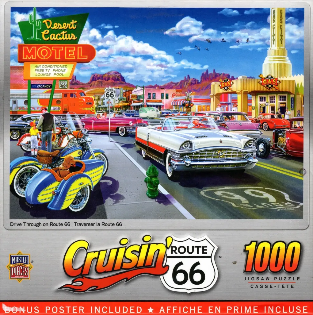 Illustration of vintage cars and motorcycles on a Route 66 street scene with a motel and gas station in the background.