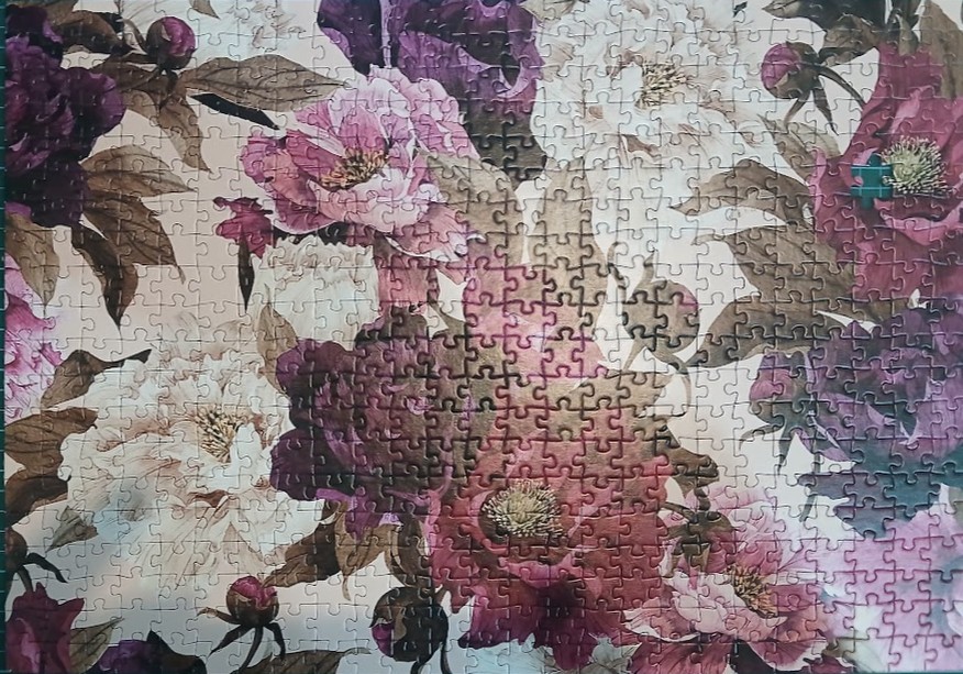 A lush botanical pattern of peonies in shades of deep purple, pink, and cream.