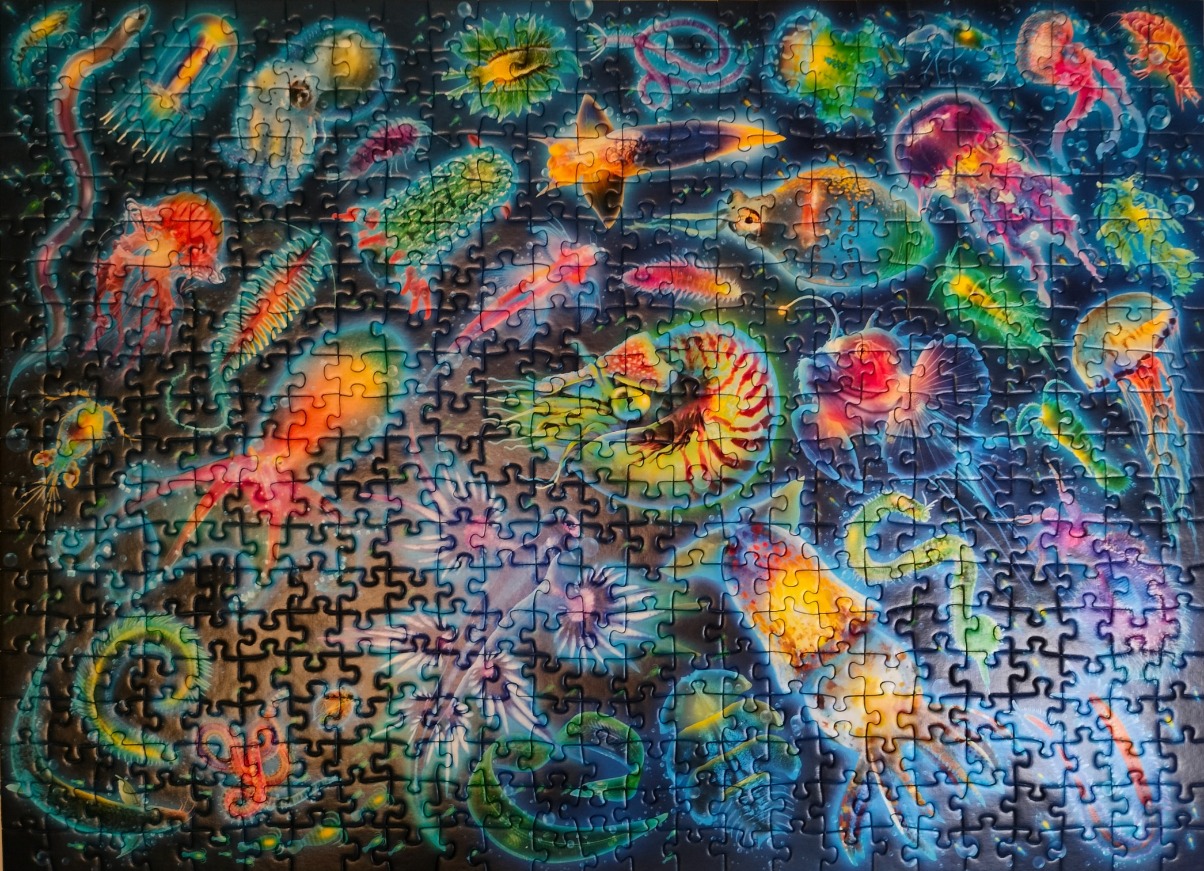 A collection of bioluminescent sea creatures floating in a dark, deep-sea abyss.