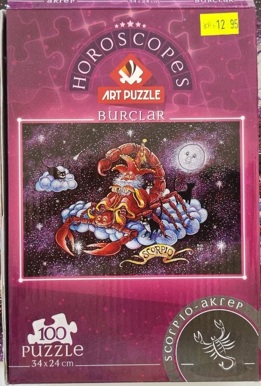 Illustration of a wizard riding a giant scorpion in space, representing the Scorpio zodiac sign.