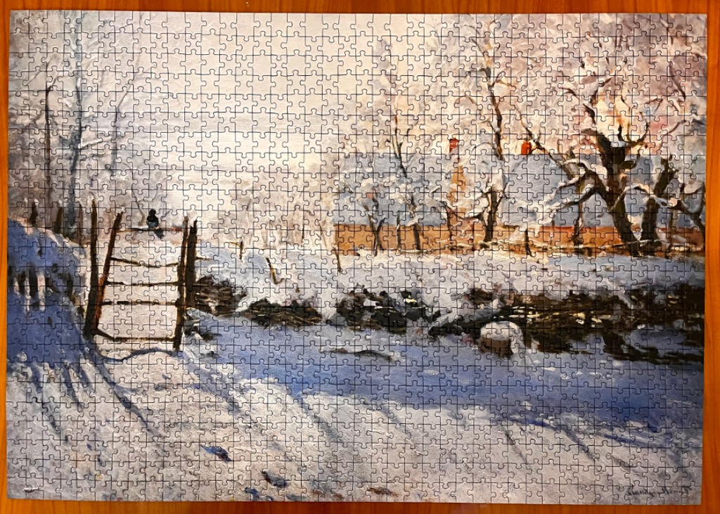 Impressionist oil painting of a snowy landscape with a lone crow perched on a wooden fence.