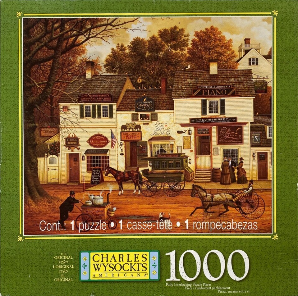 A nostalgic 19th-century street scene with shops, horse-drawn carriages, and autumn trees in a folk art style.