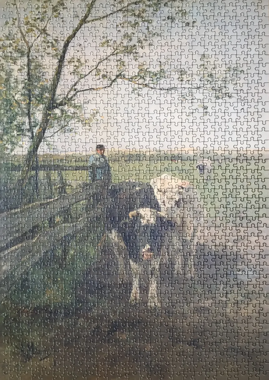 An oil painting of a farmer standing by a fence with two cows in a quiet, misty pasture.