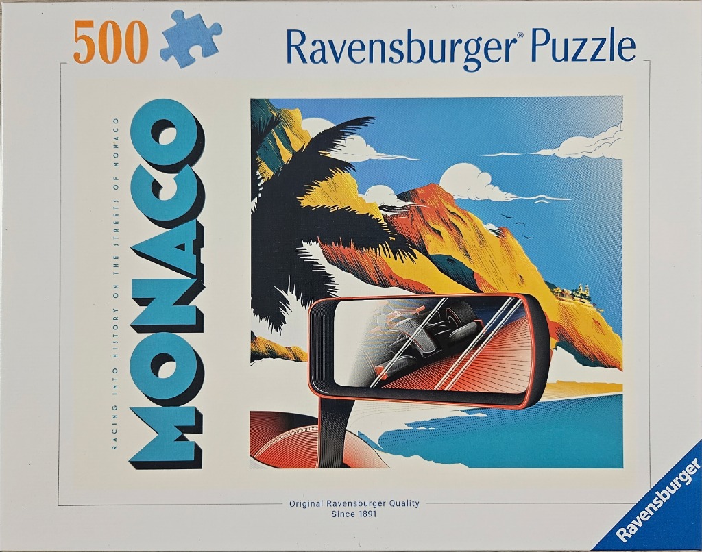 Retro art style illustration of a race car reflected in a side-view mirror with the Monaco coastline in the background.