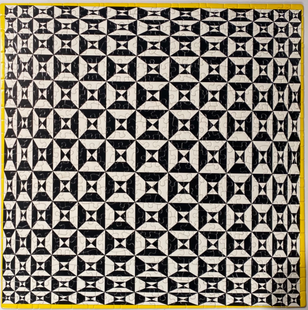 Op-art style black and white geometric pattern with a bright yellow border