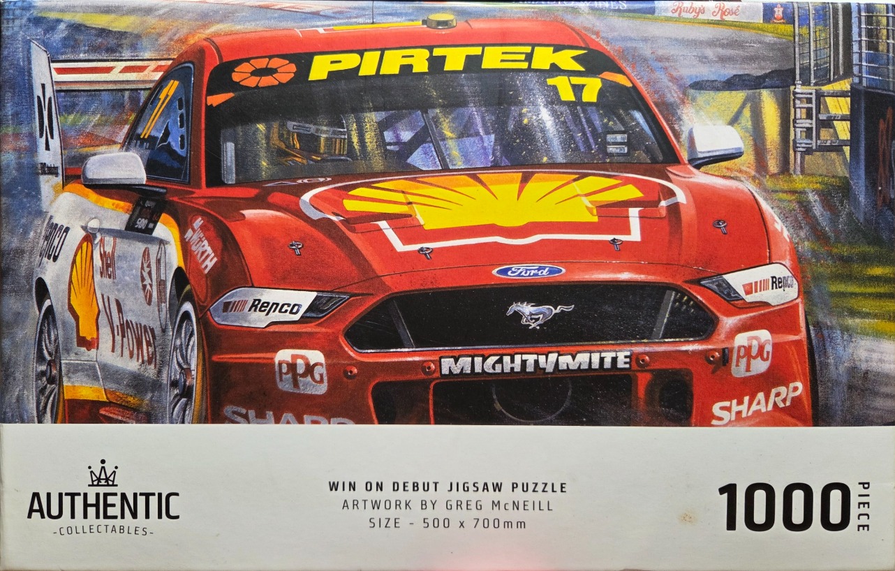 A dynamic painting of a red number 17 race car speeding around a track corner.