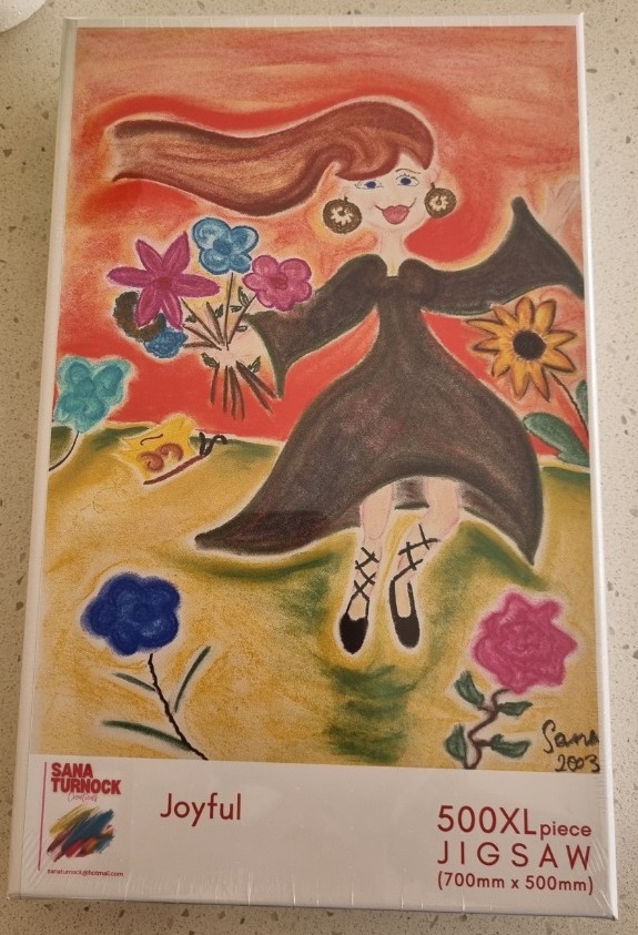 A whimsical illustration of a smiling woman in a black dress skipping through a field of colorful flowers.
