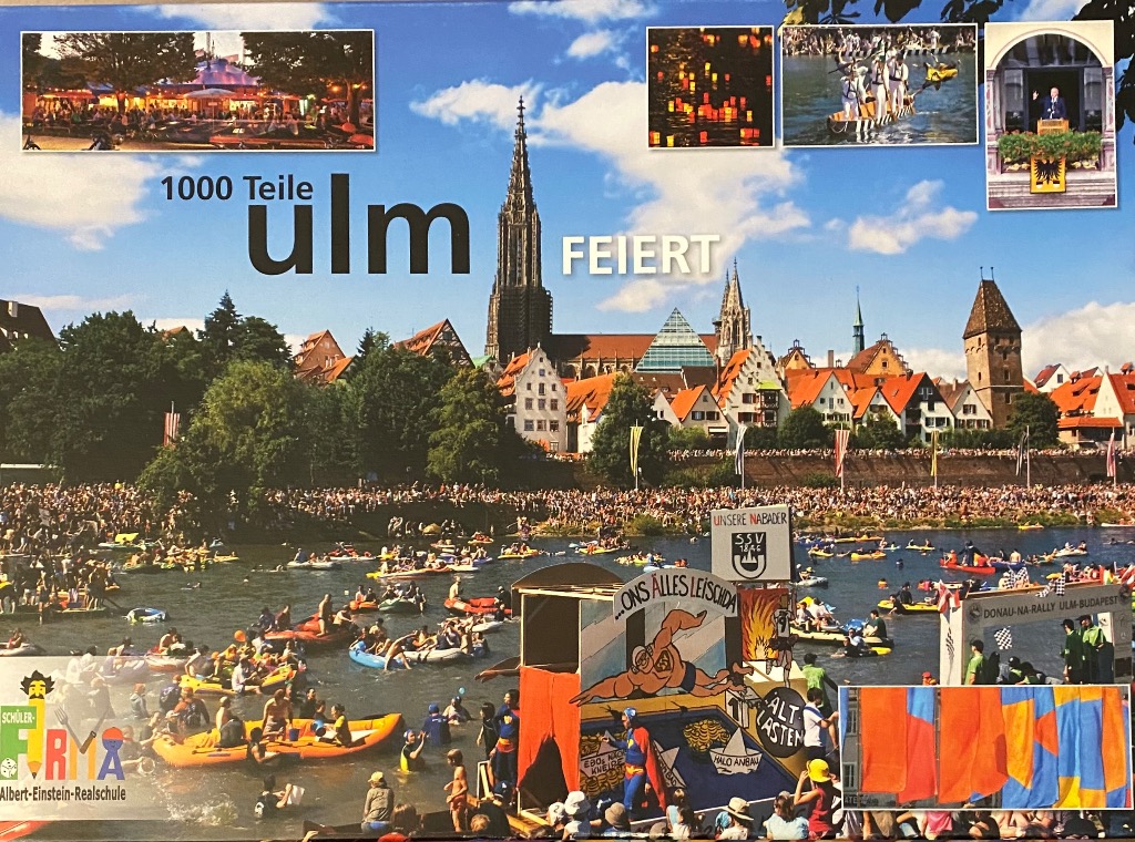 A montage photo of the Ulm city skyline and festive river activities on the Danube.
