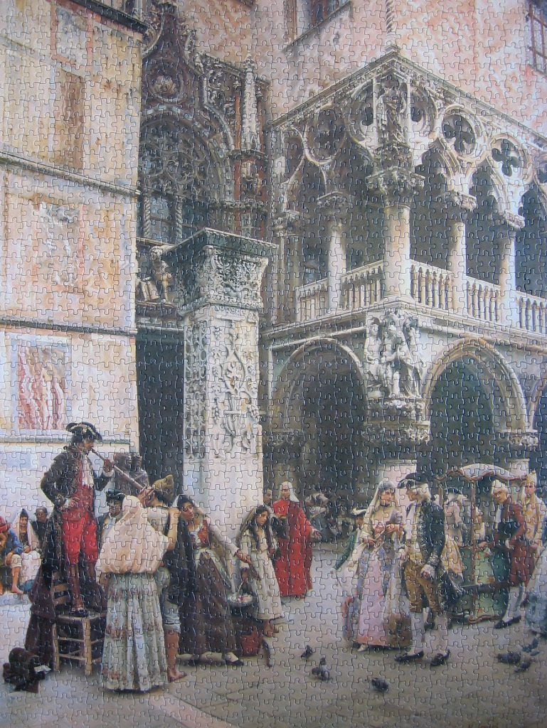Historical scene in 18th-century Venice featuring ornate architecture and people in period costume.