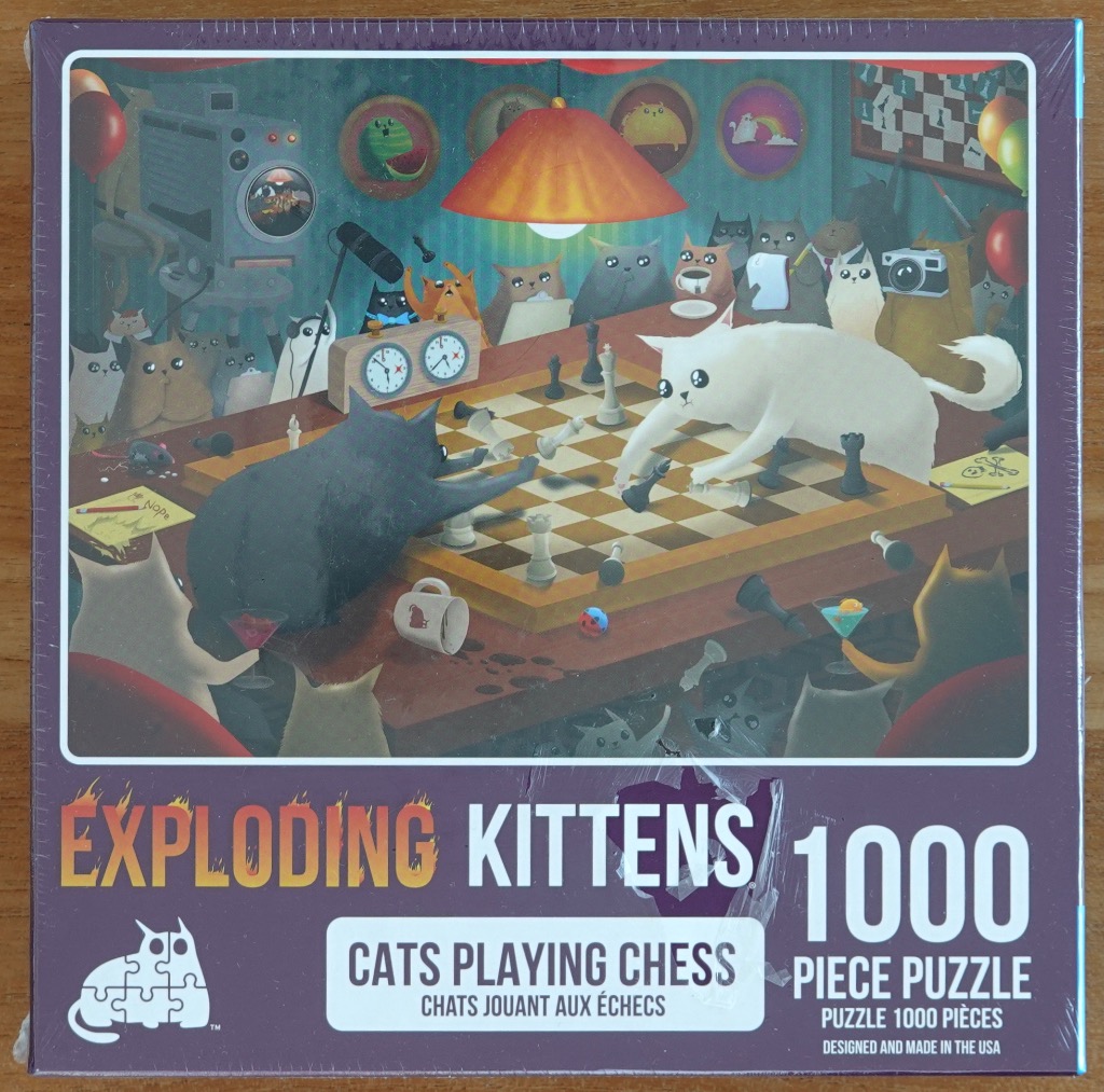 A whimsical illustration of a group of cartoon cats gathered around a chessboard in a dimly lit room.