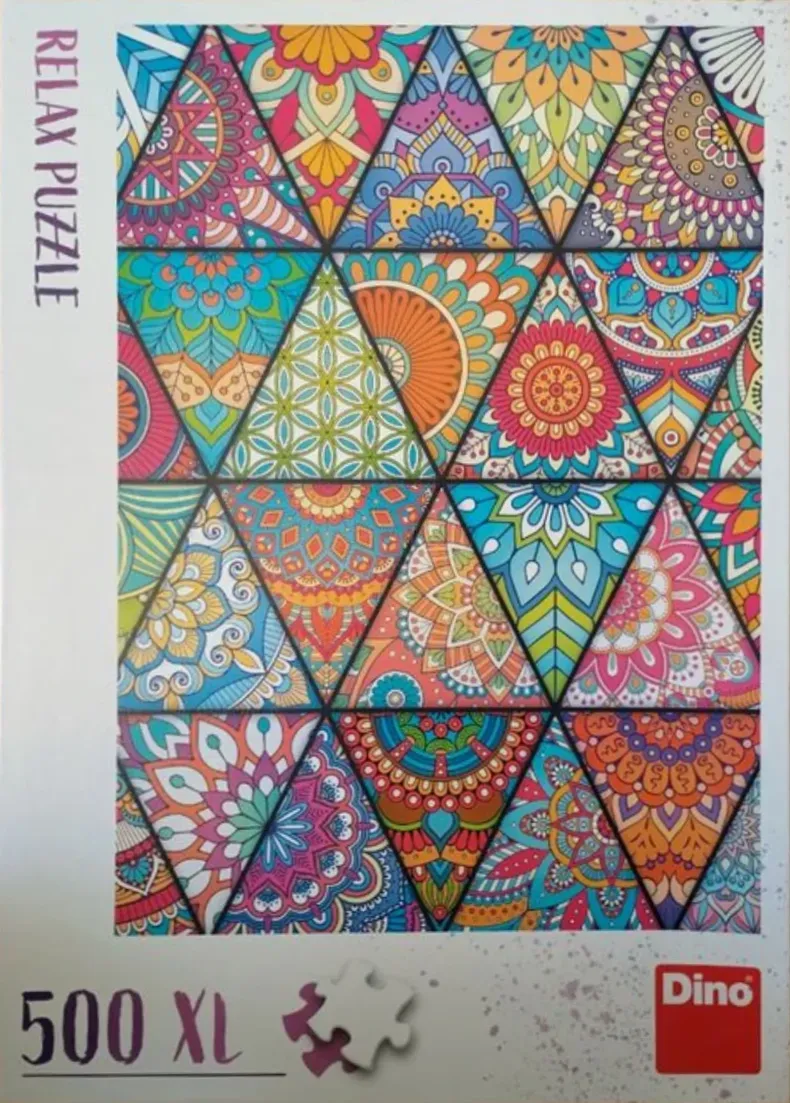 Abstract geometric pattern of triangular tiles filled with intricate mandala-style floral designs in bright colors.