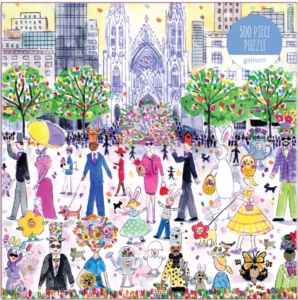 Watercolor illustration of a whimsical Easter parade in front of St. Patrick