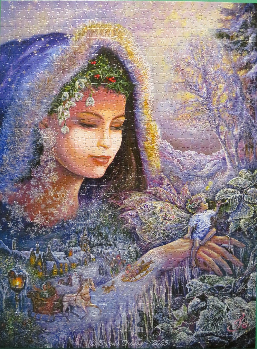 Fantasy illustration of a winter goddess watching over a snowy village with a fairy on her hand.