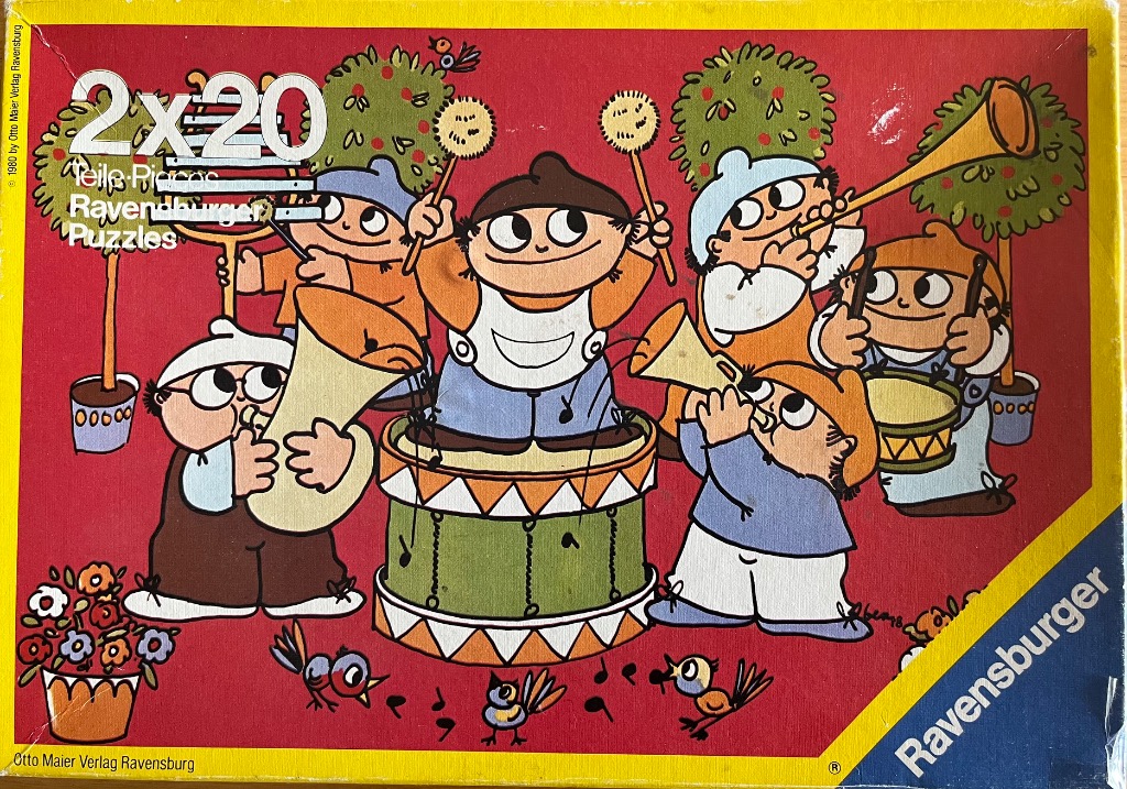 A whimsical illustration of a group of six cartoon children playing various musical instruments in a bright red setting.