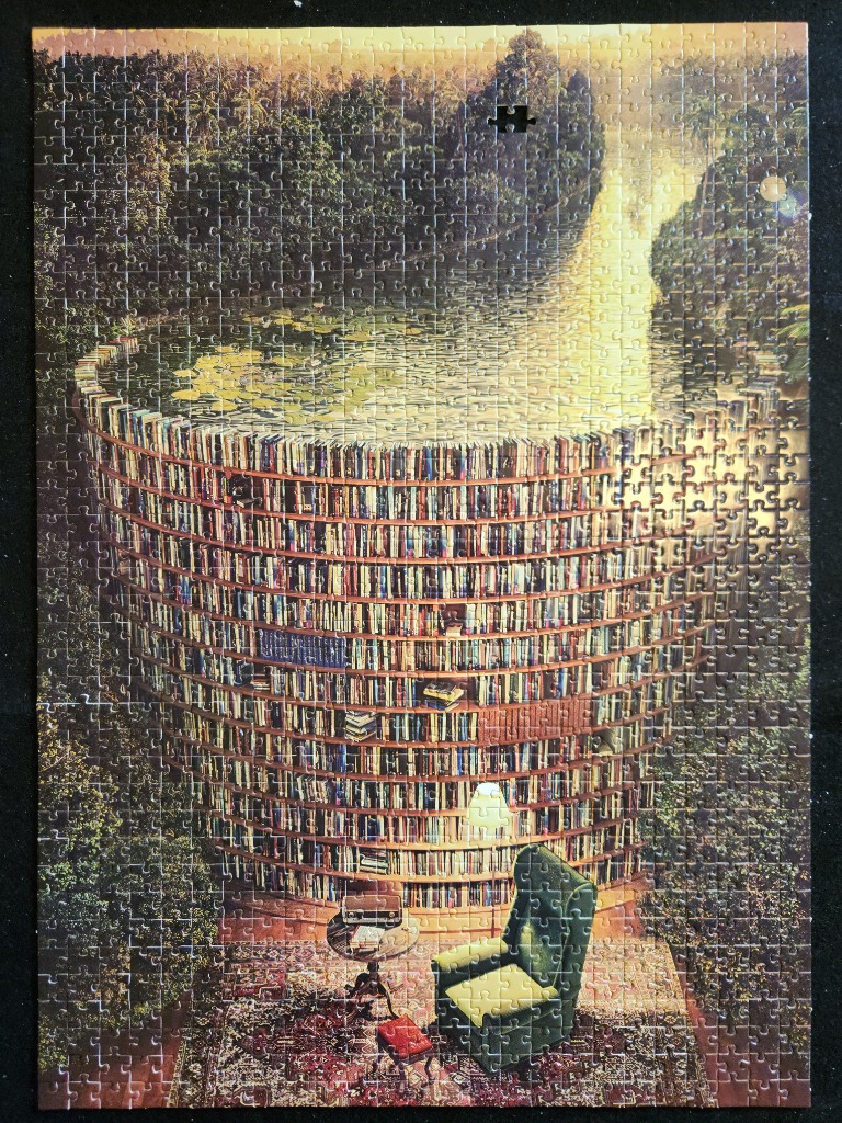 A surreal illustration of a circular library surrounding a pond, situated in a lush forest clearing.
