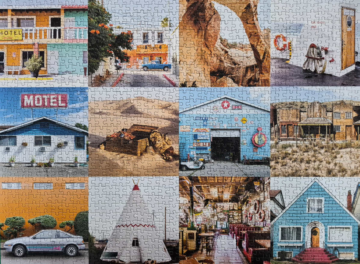 A collage of 12 distinct square photographs featuring retro Americana, roadside architecture, and desert landscapes.