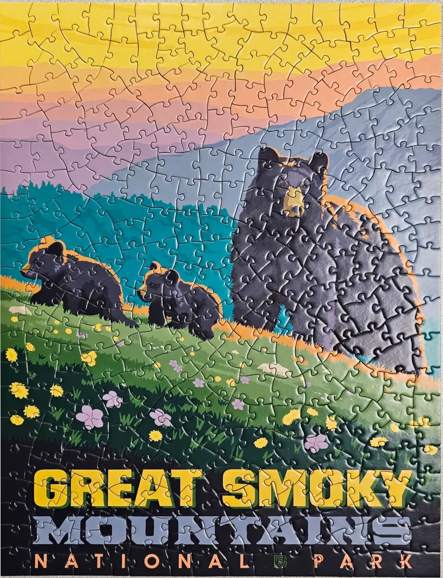A vintage-style illustration of a mother black bear and two cubs in Great Smoky Mountains National Park.