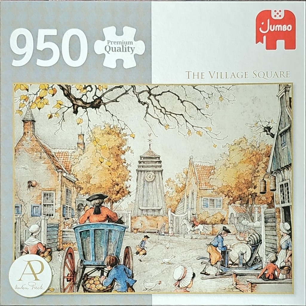 An illustration of a bustling, quaint village square with figures in historical period clothing.