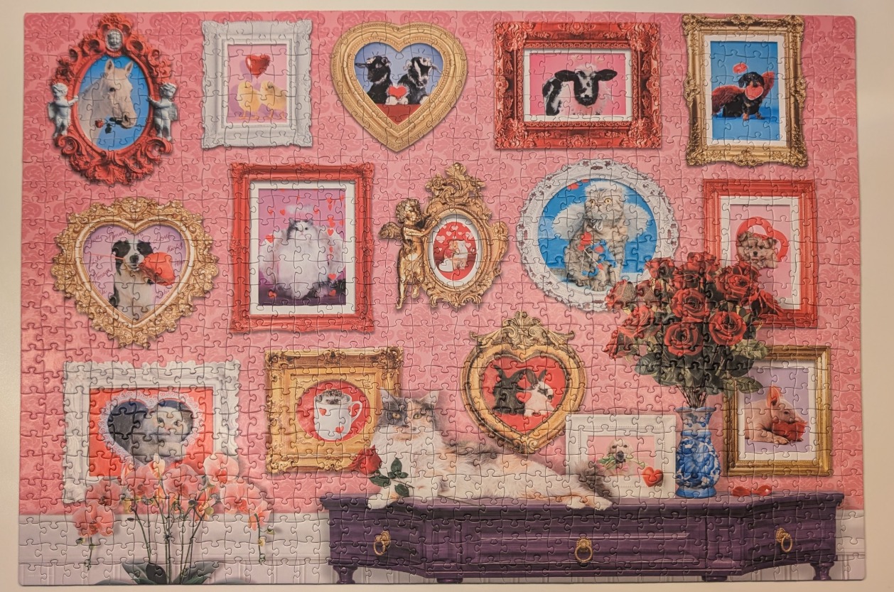 A gallery wall of whimsical pet portraits in ornate frames against a pink damask wallpaper background.