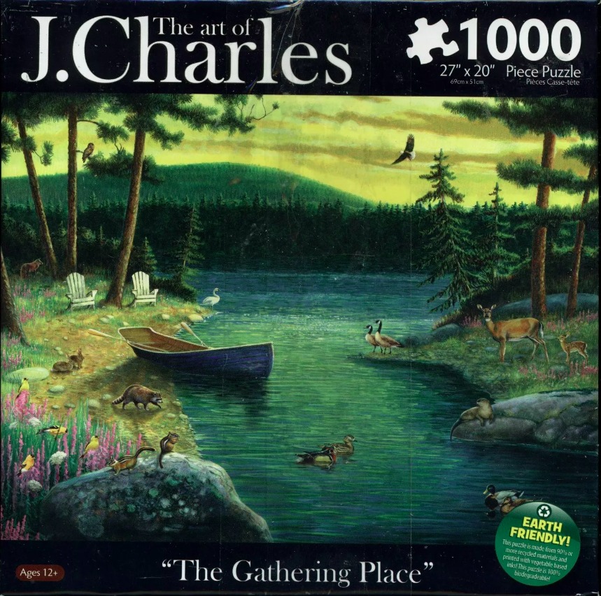 A peaceful lakeside scene at dusk featuring a canoe, two wooden chairs, and various forest animals.