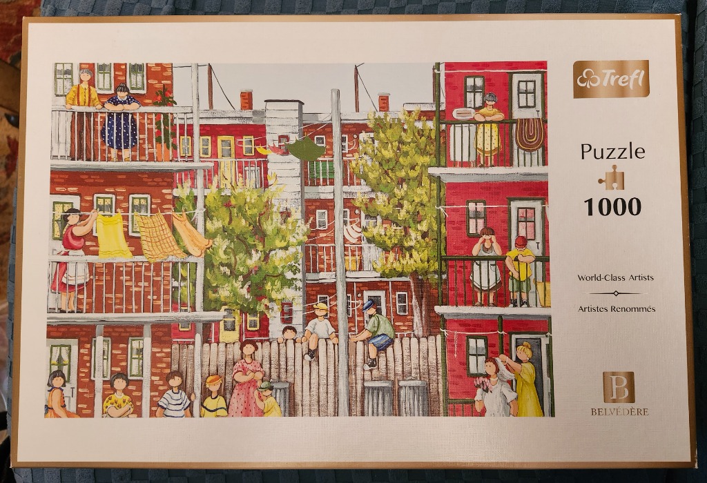 Illustration of people on balconies and in a courtyard of red brick apartment buildings with laundry hanging on lines.