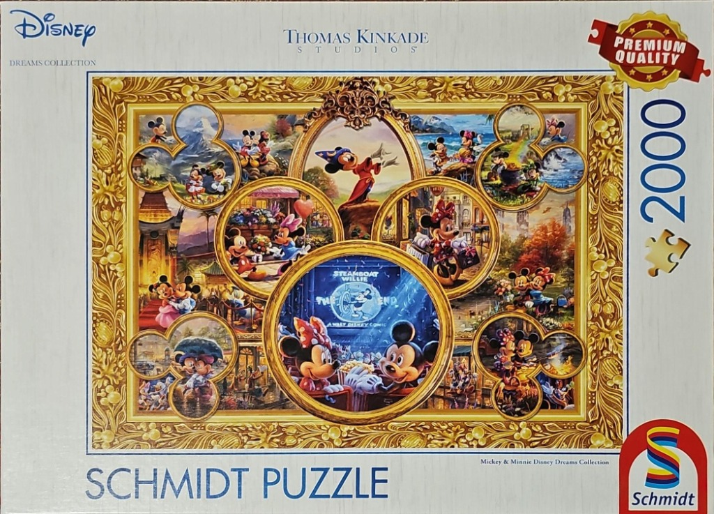 Collage of various Mickey and Minnie Mouse scenes arranged within an ornate gold Mickey-ear shaped frame.