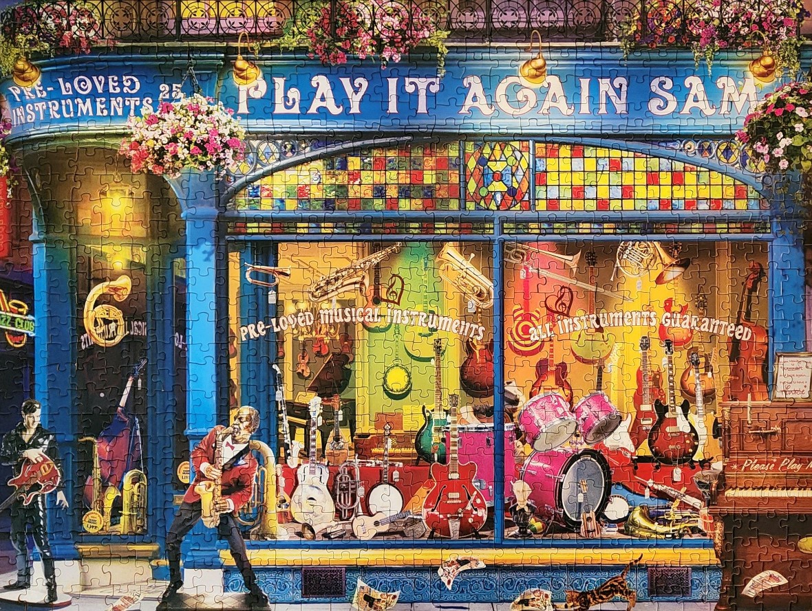 A detailed illustration of a vintage musical instrument shop window at dusk.