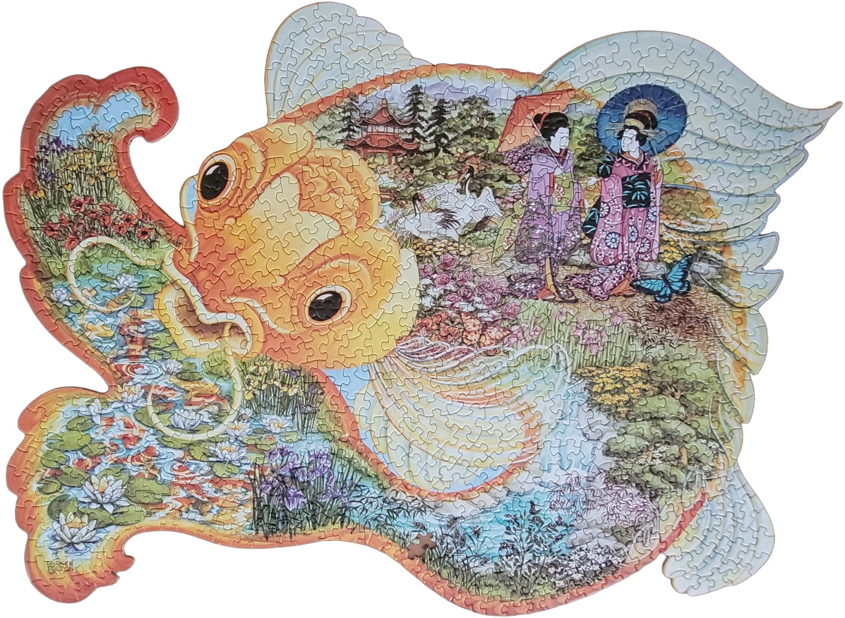 A whimsical goldfish-shaped frame featuring a Japanese garden scene with two women in kimonos.