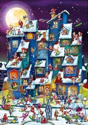 Whimsical Christmas scene of a busy, snow-covered blue apartment building populated by numerous Santa Clauses.