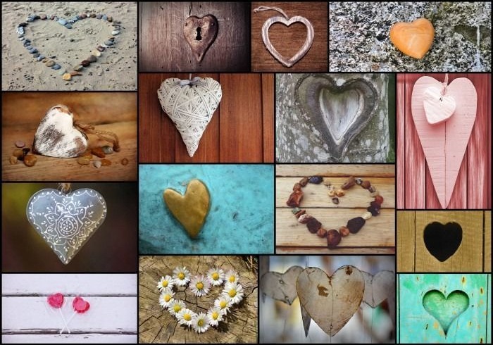 A collage of fifteen diverse heart-shaped objects and patterns found in nature and man-made materials.