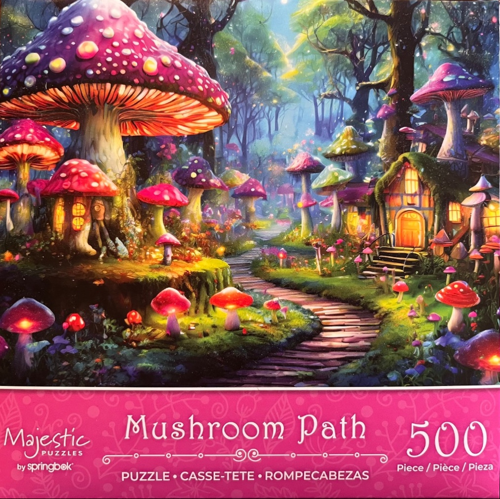 Fantasy illustration of a glowing mushroom forest with a winding wooden path and fairy-tale cottages.