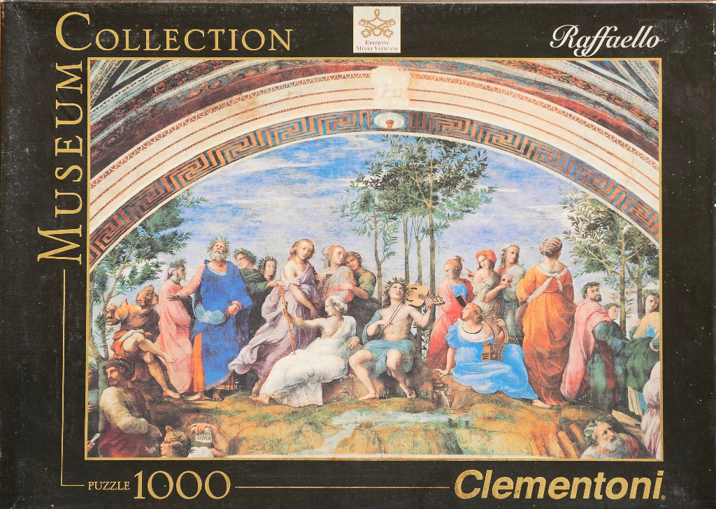A reproduction of Raphael’s Parnassus fresco featuring Apollo playing a violin surrounded by Muses and poets.